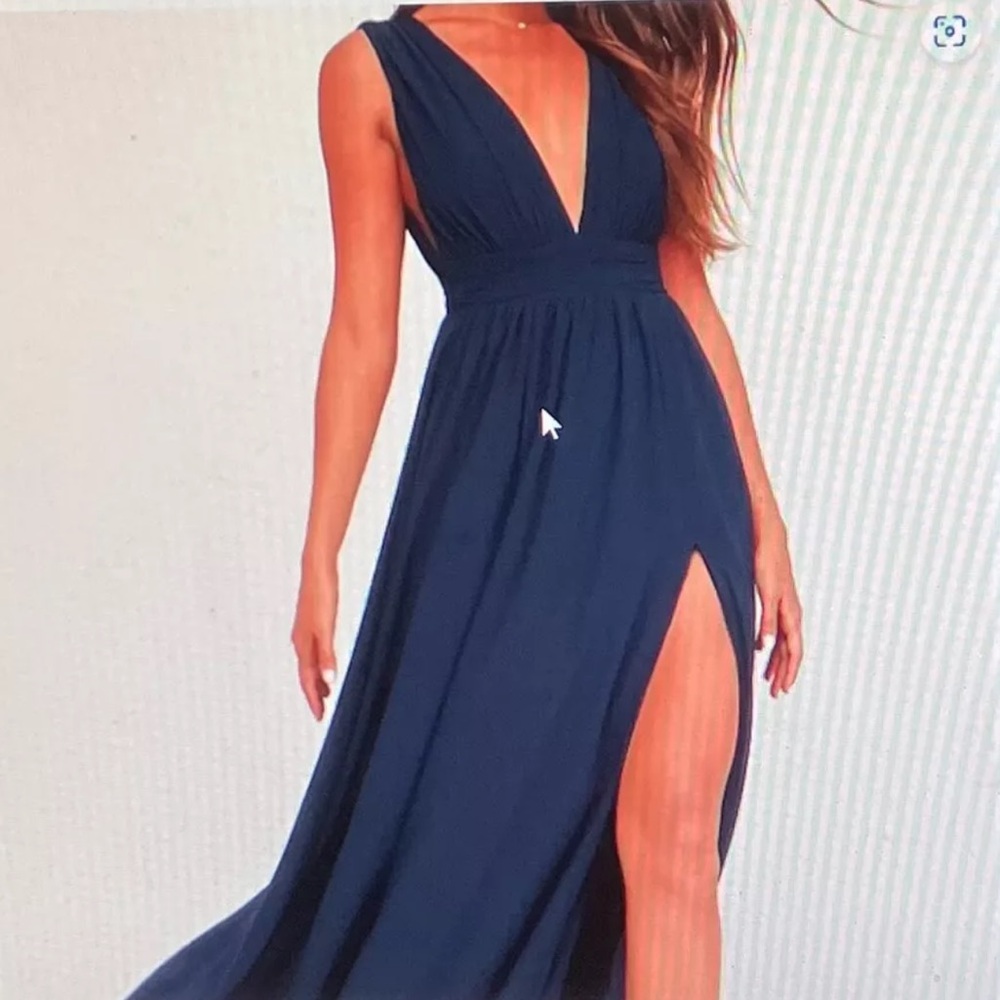 Lulus Heavenly Hues Medium Navy Blue Chiffon Slit Front Full Length Gown Dress